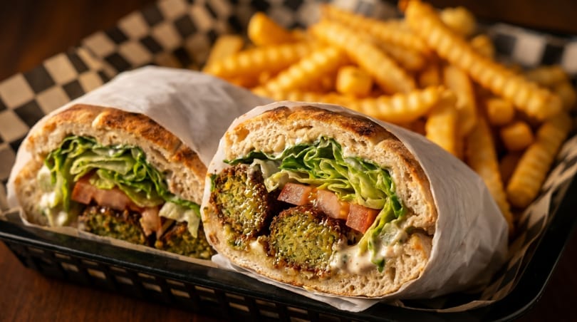 Two falafel sandwiches with lettuce, tomato, and sauce, served with crinkle-cut fries in a basket.